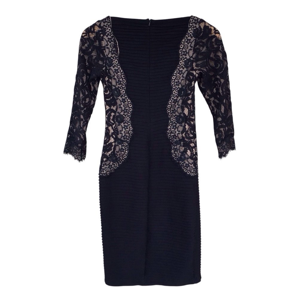 Tadashi Shoji Pintuck Jersey and Lace 3/4 Sleeve Dress in Black Nude $338 - Picture 8 of 9